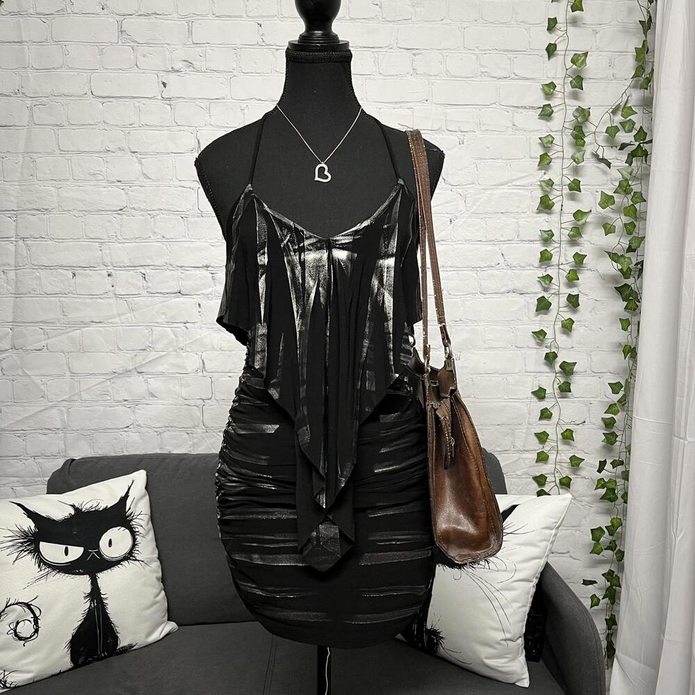 Vintage Y2K Demore silver and black frilly halter mini dress bodycon
